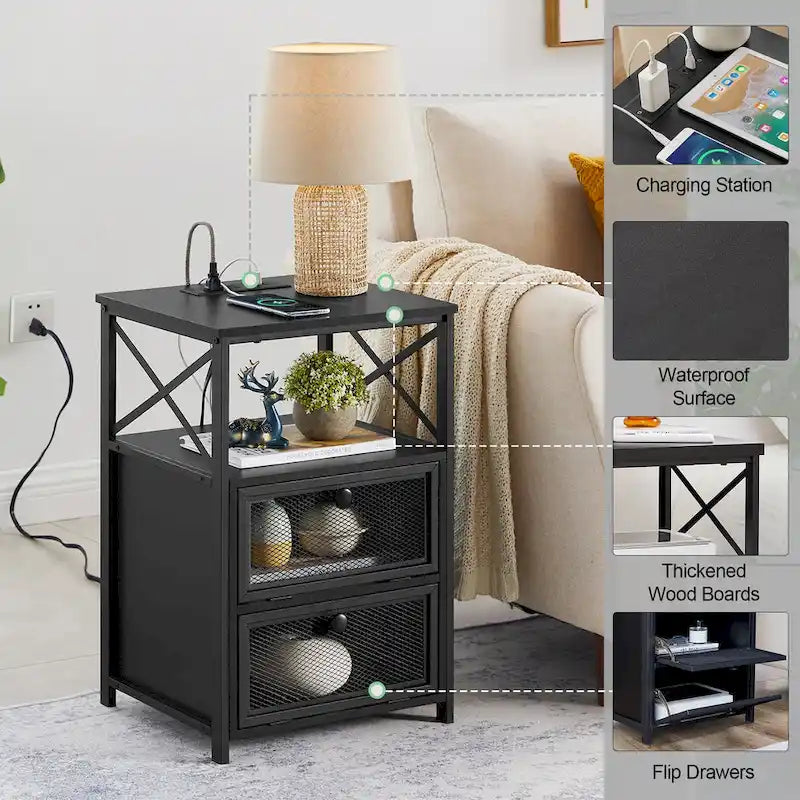 Set of 2 Nightstand End Table with Charging Station & 2 Flip Drawers, 2 USB Ports & 2 Power Outlet