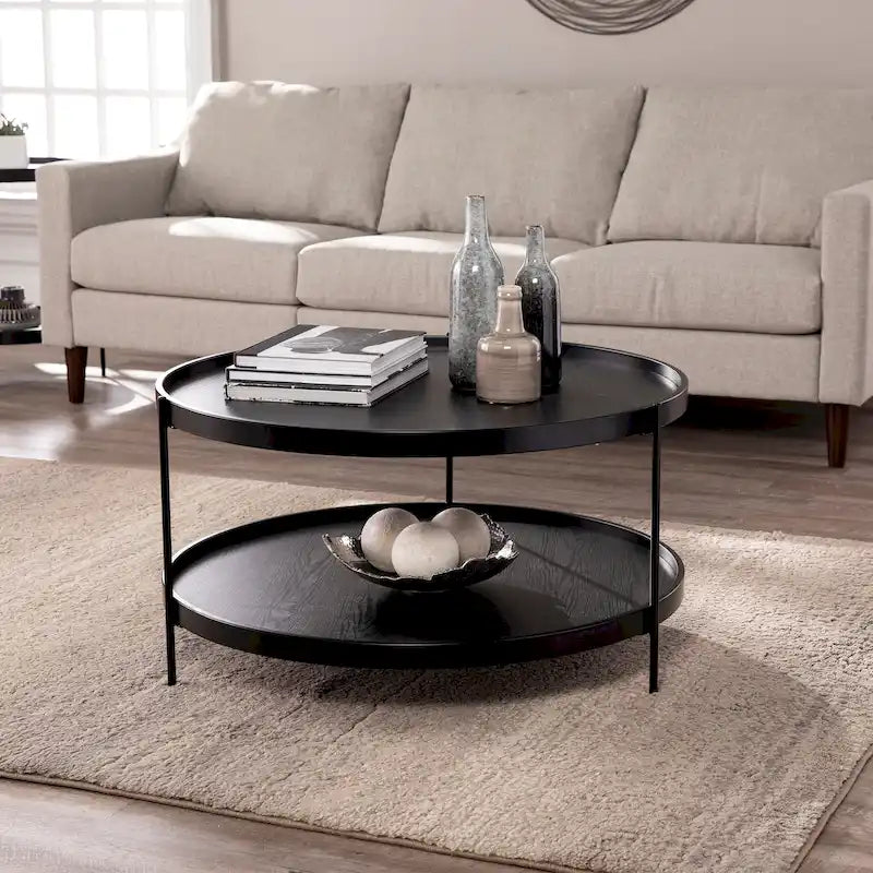 SEI Furniture Vaquero Mid Century Modern Round Wood Grain Two Tier Coffee Table