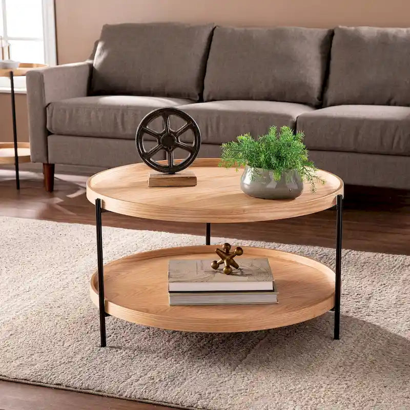 SEI Furniture Vaquero Mid Century Modern Round Wood Grain Two Tier Coffee Table
