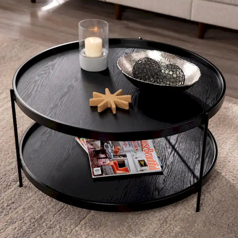 SEI Furniture Vaquero Mid Century Modern Round Wood Grain Two Tier Coffee Table