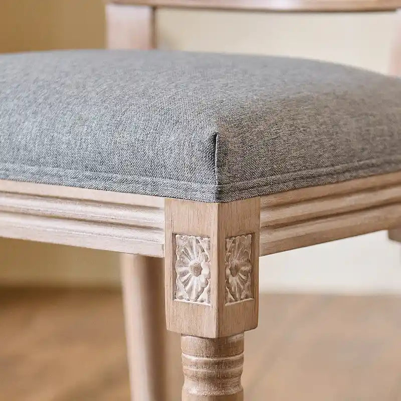 Set of 2 French Side Chairs with Carved Wood Legs & Linen Upholstery