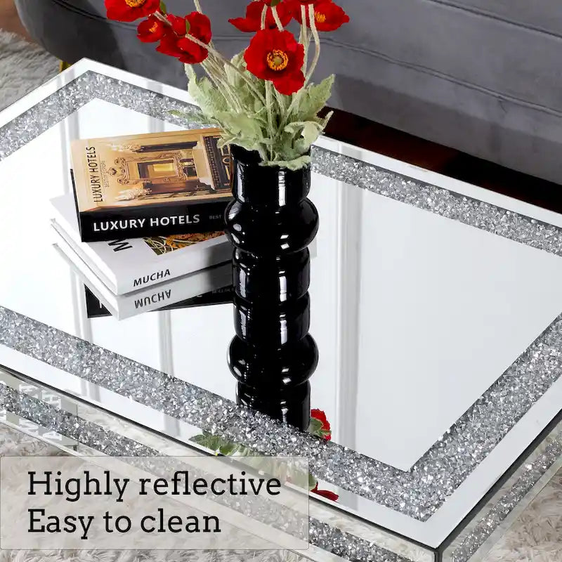Rectangle Coffee Table with Crystal Inlay Mirrored Silver Center Table