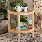 Bella Modern Bohemian Natural Brown Mahogany Wood and Natural Rattan 2-Tier End Table