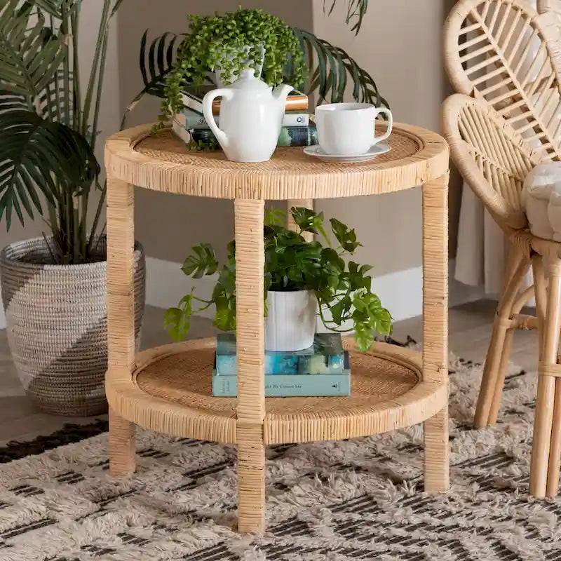 Bella Modern Bohemian Natural Brown Mahogany Wood and Natural Rattan 2-Tier End Table