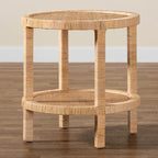 Bella Modern Bohemian Natural Brown Mahogany Wood and Natural Rattan 2-Tier End Table