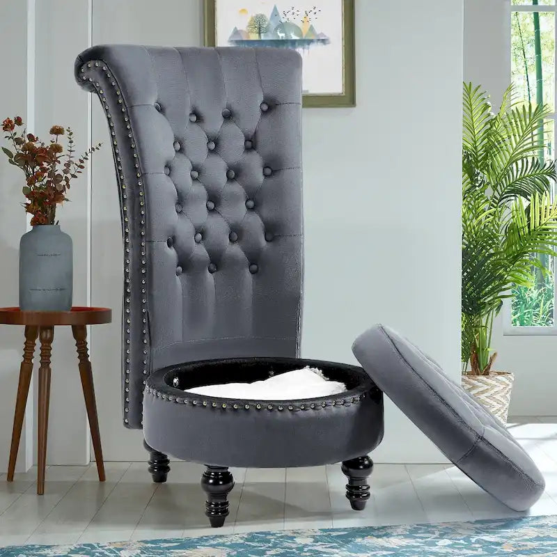 AVAWING High Back Throne Chair Velvet Armless Royal Accent Chair with Storage