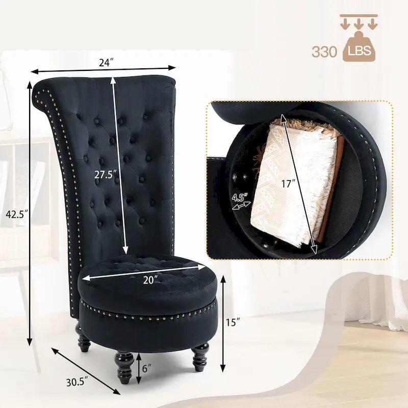 AVAWING High Back Throne Chair Velvet Armless Royal Accent Chair with Storage