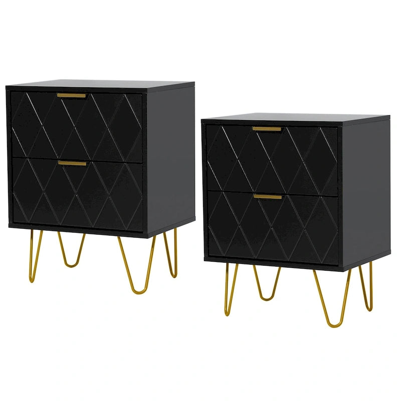 Set of 2 Nightstand 2 Drawer End Side Table Bedside Metal Legs Modern Bedroom Living Room