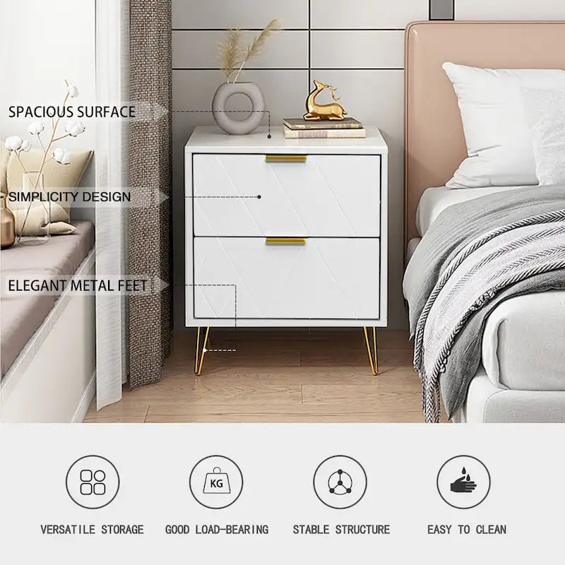 Set of 2 Nightstand 2 Drawer End Side Table Bedside Metal Legs Modern Bedroom Living Room