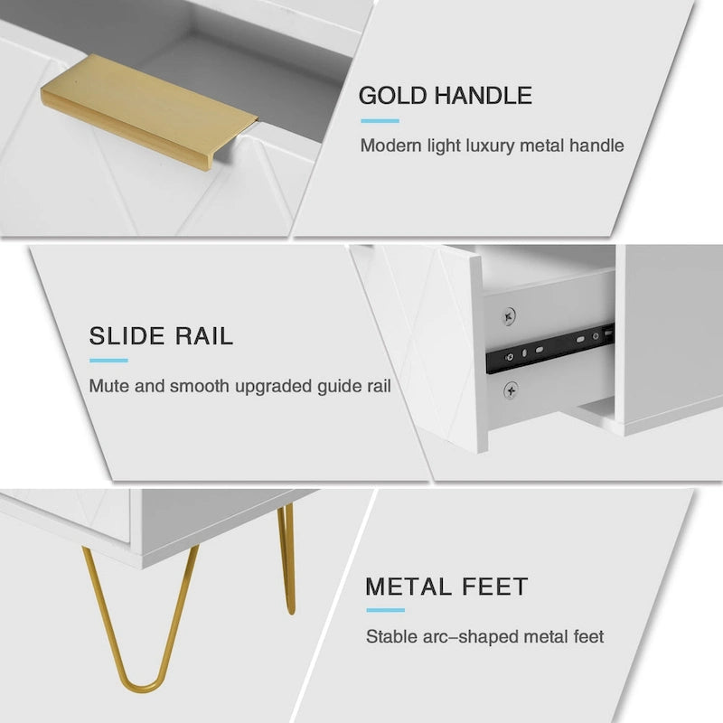 Set of 2 Nightstand 2 Drawer End Side Table Bedside Metal Legs Modern Bedroom Living Room