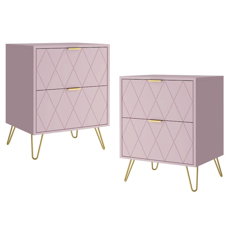 Set of 2 Nightstand 2 Drawer End Side Table Bedside Metal Legs Modern Bedroom Living Room