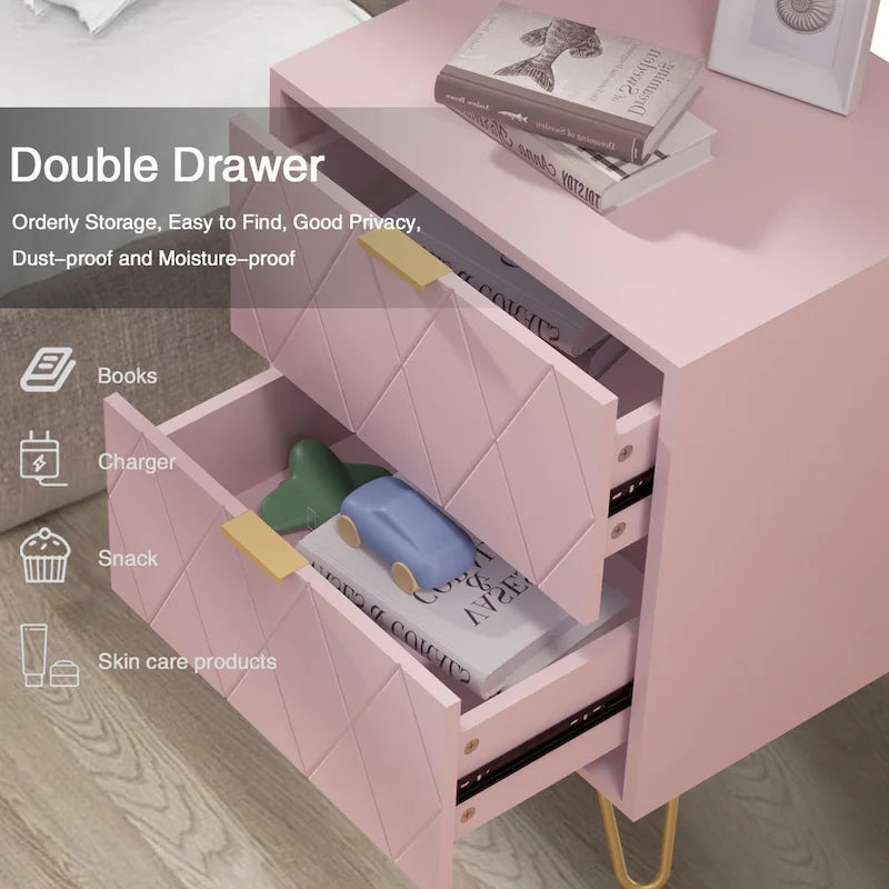 Set of 2 Nightstand 2 Drawer End Side Table Bedside Metal Legs Modern Bedroom Living Room