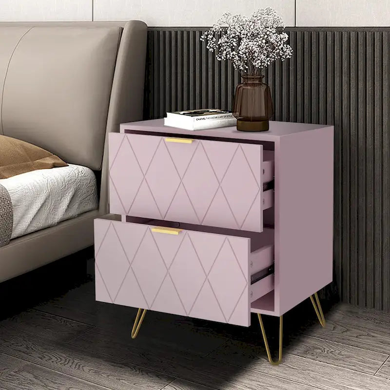 Set of 2 Nightstand 2 Drawer End Side Table Bedside Metal Legs Modern Bedroom Living Room
