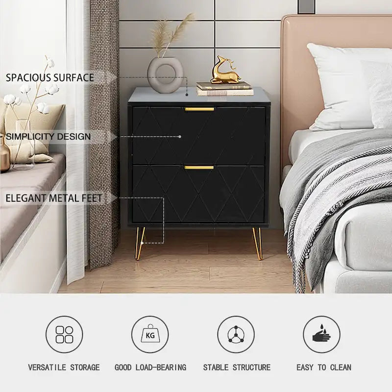 Set of 2 Nightstand 2 Drawer End Side Table Bedside Metal Legs Modern Bedroom Living Room