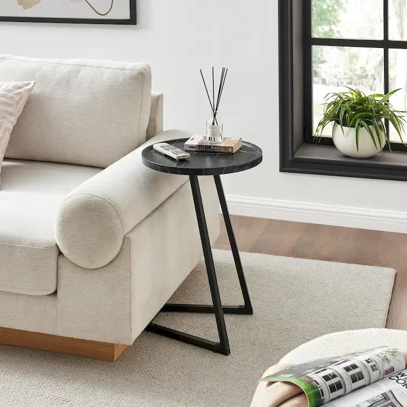 Addison Round Raised Lip Edge Angled Couch-Side Accent C-Table - Black Marble or Brown Walnut