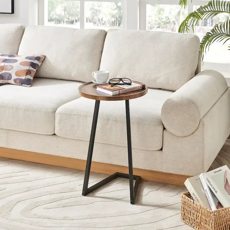 Addison Round Raised Lip Edge Angled Couch-Side Accent C-Table - Black Marble or Brown Walnut