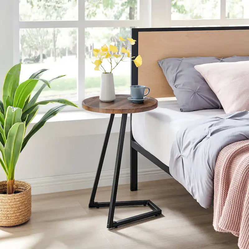 Addison Round Raised Lip Edge Angled Couch-Side Accent C-Table - Black Marble or Brown Walnut