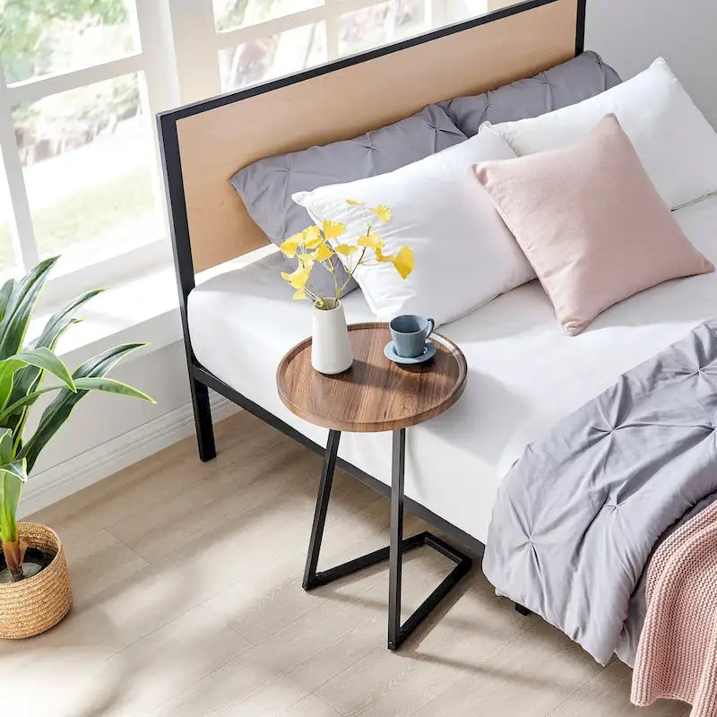 Addison Round Raised Lip Edge Angled Couch-Side Accent C-Table - Black Marble or Brown Walnut