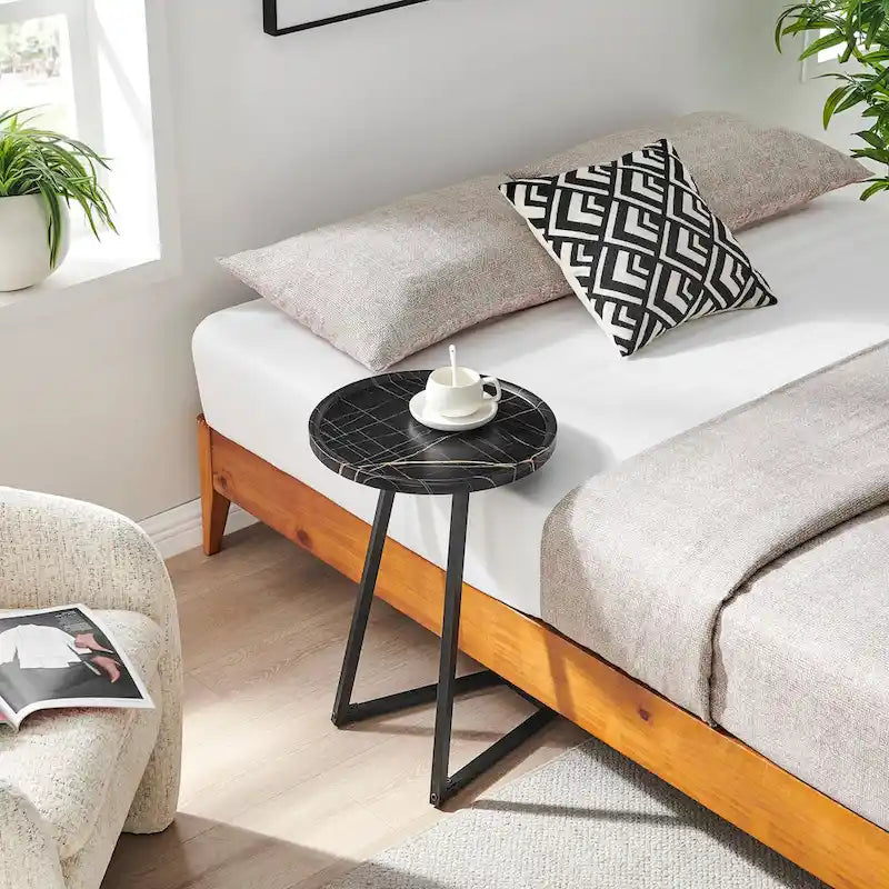 Addison Round Raised Lip Edge Angled Couch-Side Accent C-Table - Black Marble or Brown Walnut