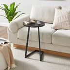 Addison Round Raised Lip Edge Angled Couch-Side Accent C-Table - Black Marble or Brown Walnut