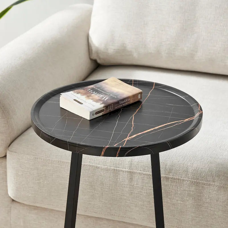 Addison Round Raised Lip Edge Angled Couch-Side Accent C-Table - Black Marble or Brown Walnut