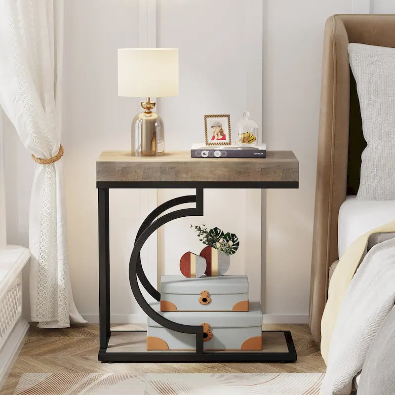 2 Tiers C Shaped Narrow End Chairside Table for Living Room