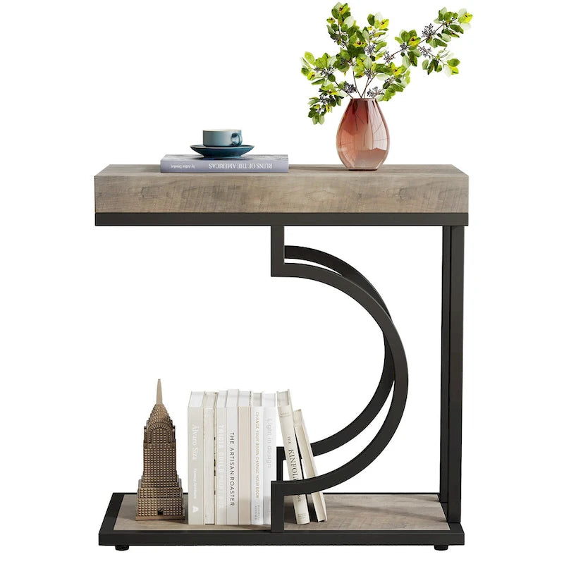 2 Tiers C Shaped Narrow End Chairside Table for Living Room
