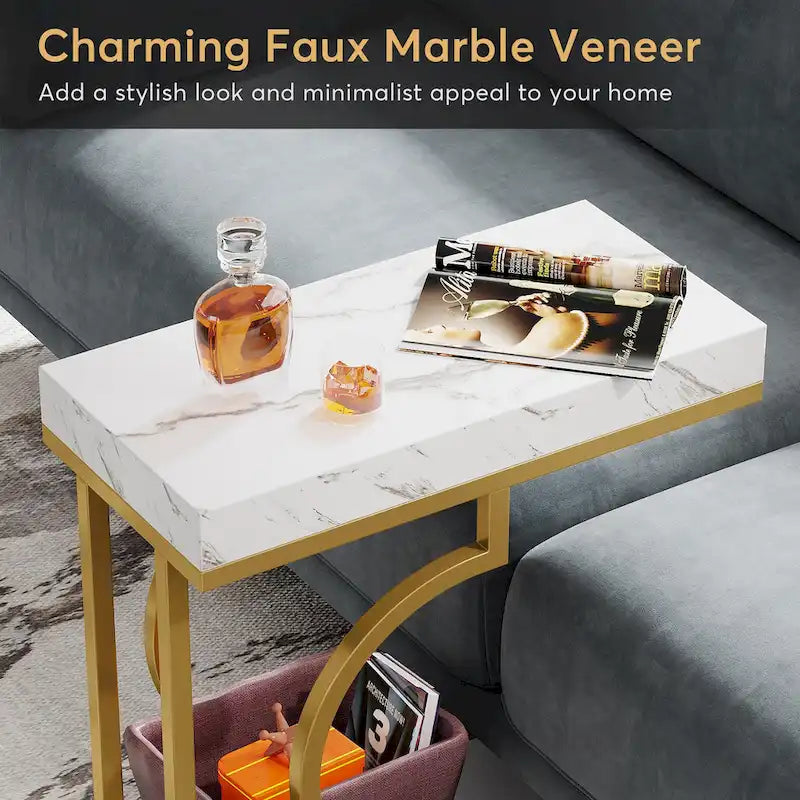 2 Tiers C Shaped Narrow End Chairside Table for Living Room