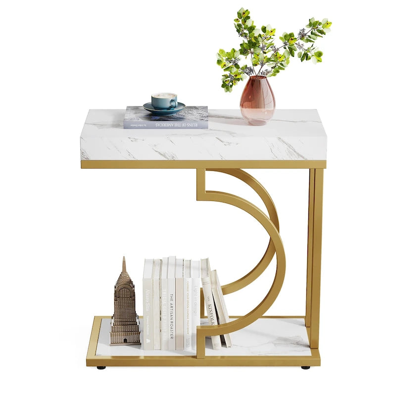 2 Tiers C Shaped Narrow End Chairside Table for Living Room