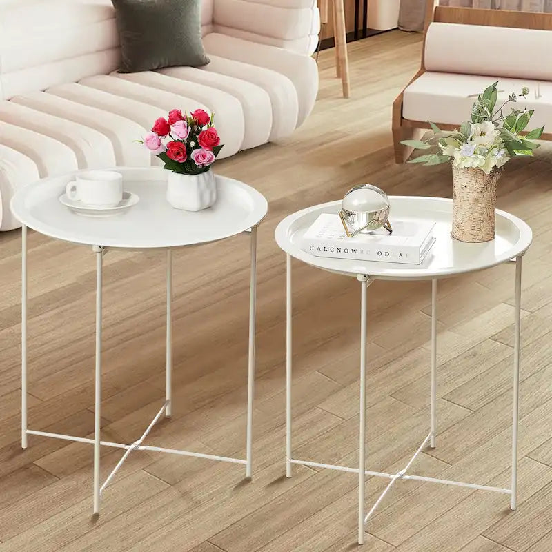 VECELO Modern Side Table with Round Removable Tray,Beige (Set of 1/Set of 2)