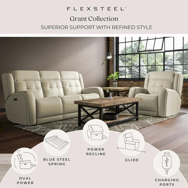 Grant 87 Leather Power Reclining Sofa with Power Headrests by Flexsteel