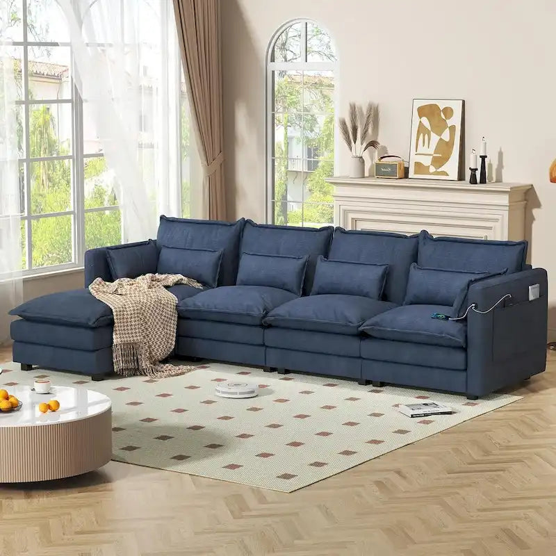 Modular Sectional Sofa L Shaped Couch, 3/4 Seat Sofa Set with Ottoman, Chenille Fabric