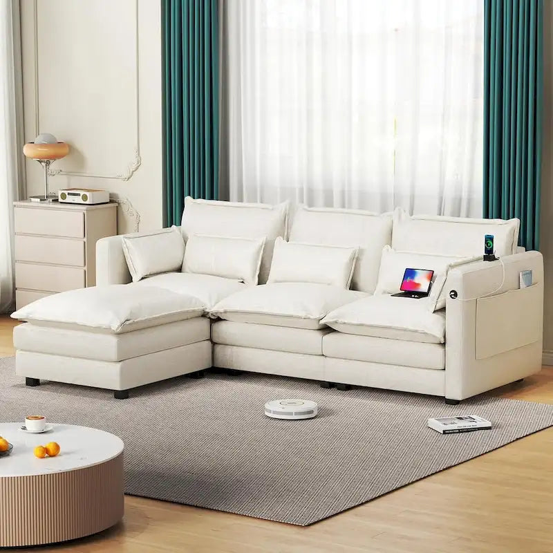 Modular Sectional Sofa L Shaped Couch, 3/4 Seat Sofa Set with Ottoman, Chenille Fabric