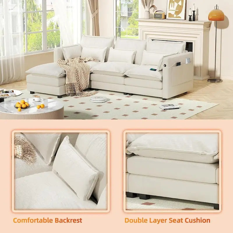 Modular Sectional Sofa L Shaped Couch, 3/4 Seat Sofa Set with Ottoman, Chenille Fabric