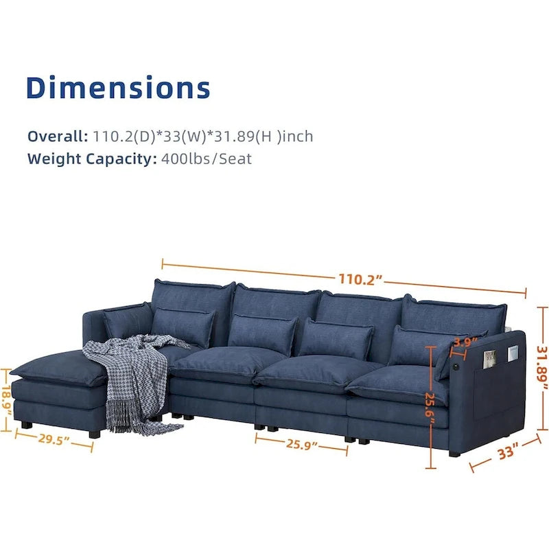 Modular Sectional Sofa L Shaped Couch, 3/4 Seat Sofa Set with Ottoman, Chenille Fabric