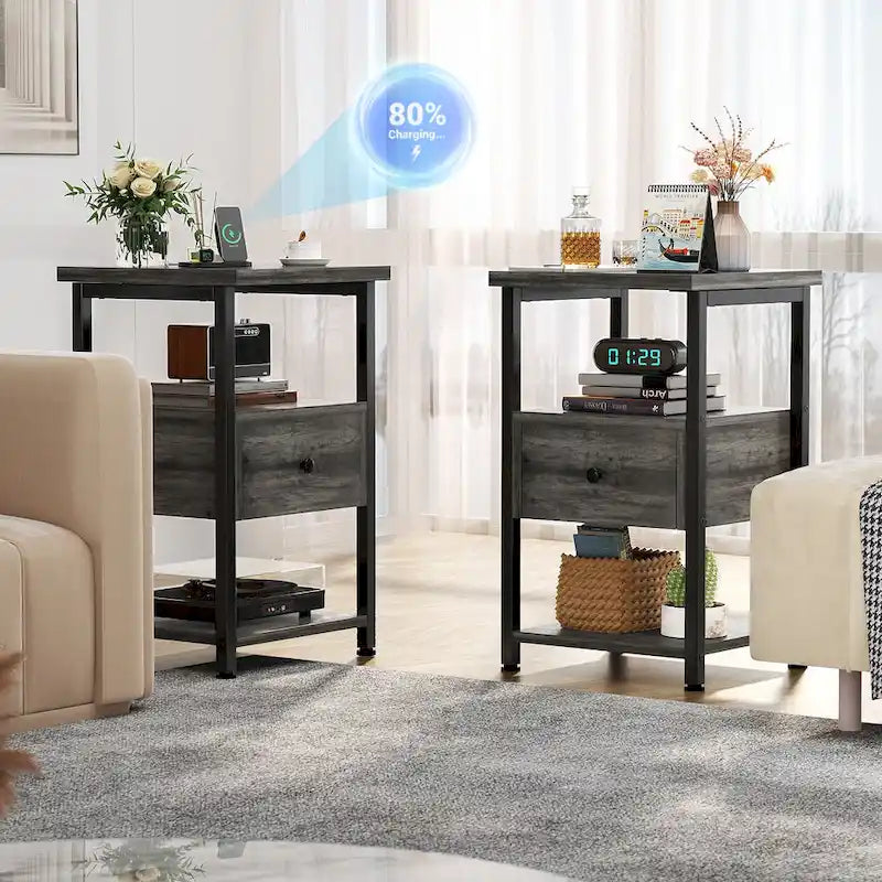 2-piece Farmhouse Wood End Table Drawers Nightstand with Charge Station - Set of 2