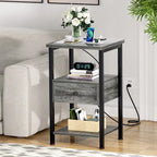 2-piece Farmhouse Wood End Table Drawers Nightstand with Charge Station - Set of 2