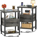 2-piece Farmhouse Wood End Table Drawers Nightstand with Charge Station - Set of 2