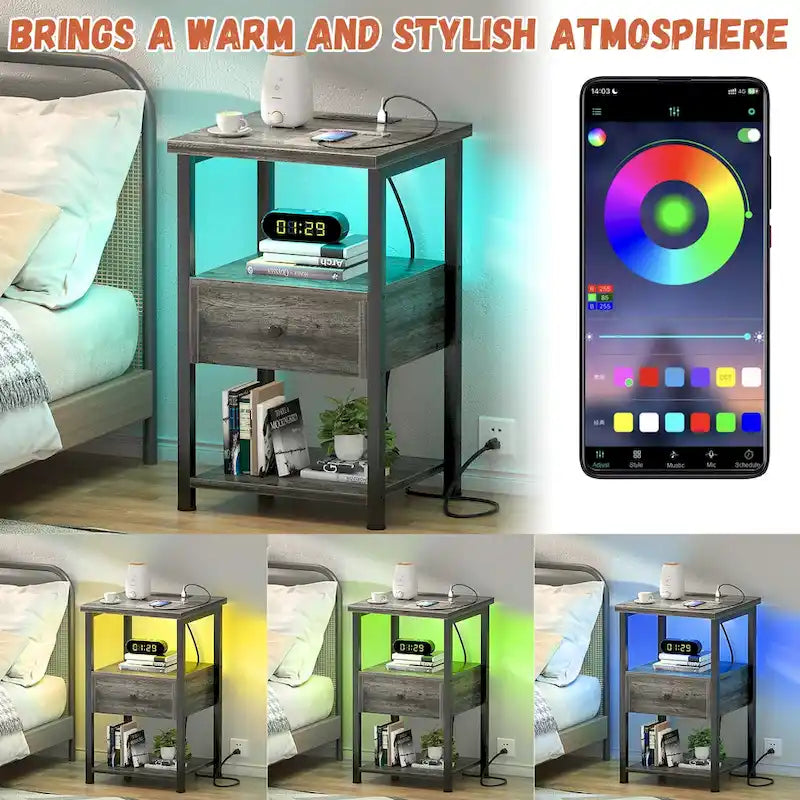 2-piece Farmhouse Wood End Table Drawers Nightstand with Charge Station - Set of 2