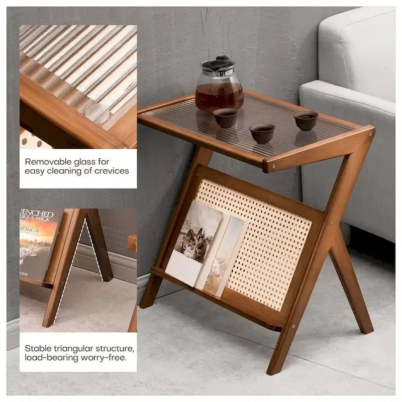 Bamboo Glass Top End Table, Accent Side Table w/ Storage Rack