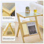 Bamboo Glass Top End Table, Accent Side Table w/ Storage Rack