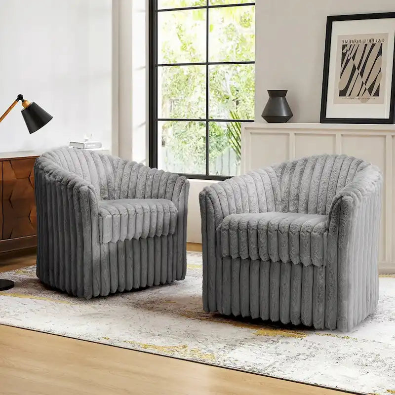 2 Set Modern 49 Upholstered Plush Corduroy Swivel Barrel Accent Chair