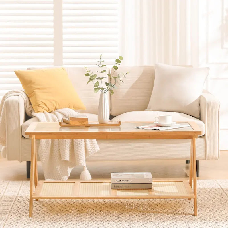 2-Tier Rectangular Coffee Table, Glass Top Sofa Table - 39.4L x 19.7W x 19.7D