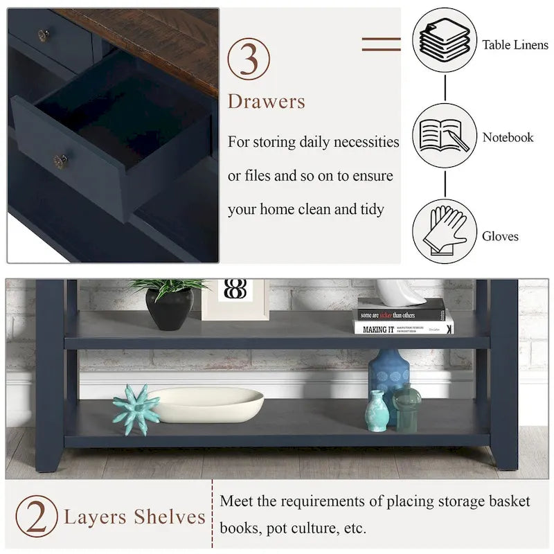 48 Solid Pine Wood Top Console Table with Drawers and Shelve