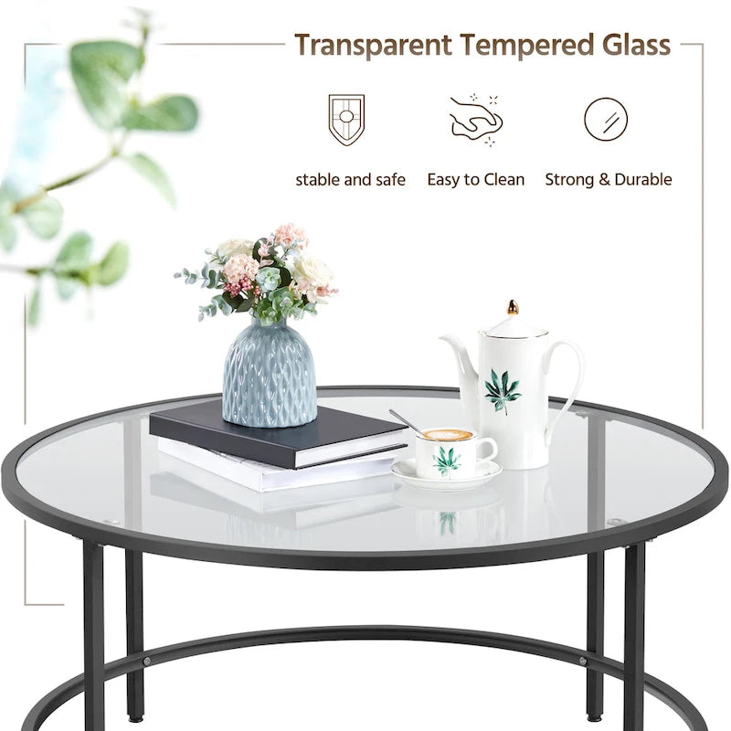 Yaheetech Round Coffee Table Glass-Top Sofa Table for Living Room