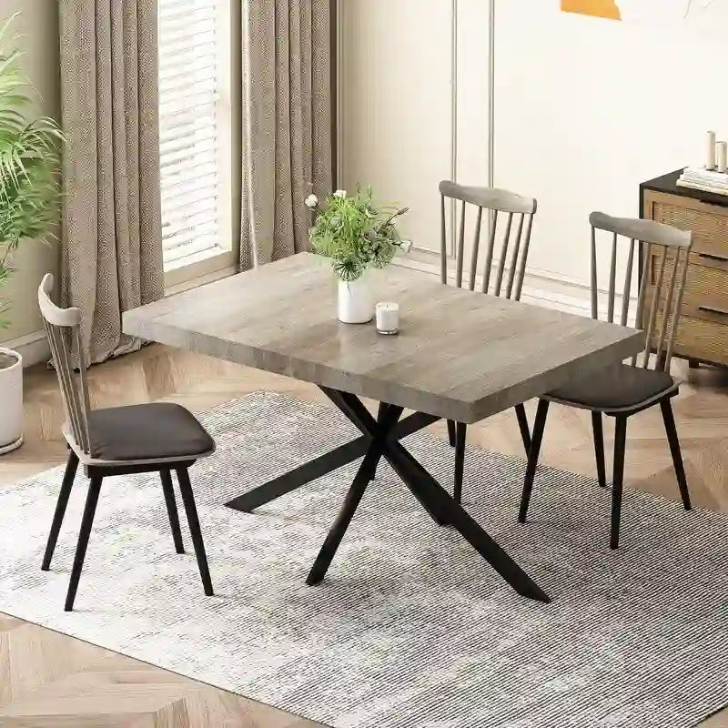 Grondin Retro Farmhouse Style 4-6 People Extendable Dining Table with X-Cross Metal Base and Storage Box