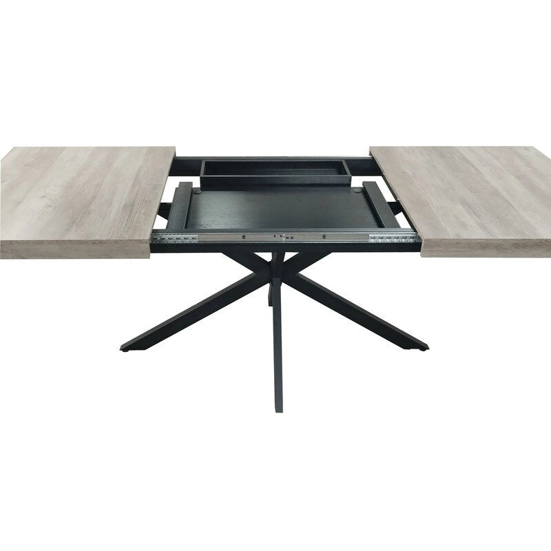 Grondin Retro Farmhouse Style 4-6 People Extendable Dining Table with X-Cross Metal Base and Storage Box