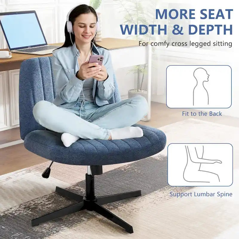 Criss Cross Legged Office, Wide Comfty Desk, Wheels Armless Computer Task, Swivel Vanity Home Chair, Height Adjustable