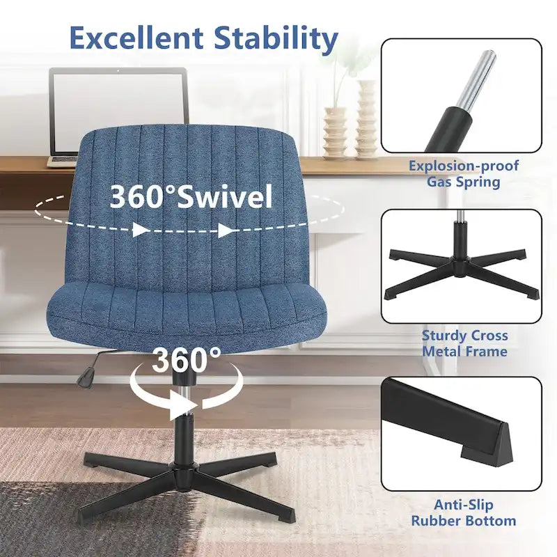 Criss Cross Legged Office, Wide Comfty Desk, Wheels Armless Computer Task, Swivel Vanity Home Chair, Height Adjustable