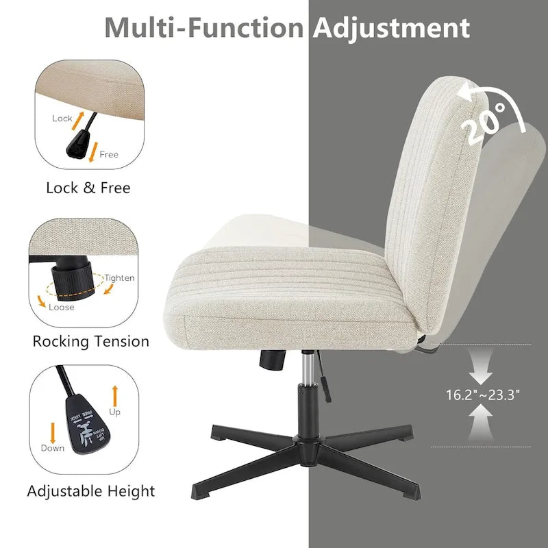 Criss Cross Legged Office, Wide Comfty Desk, Wheels Armless Computer Task, Swivel Vanity Home Chair, Height Adjustable